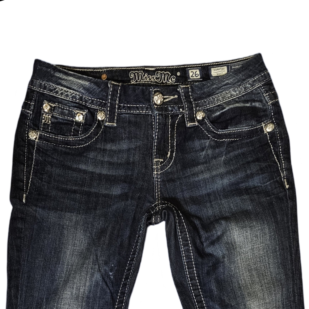 Miss Me Boot Cut Blue Jeans with Vintage Distressing